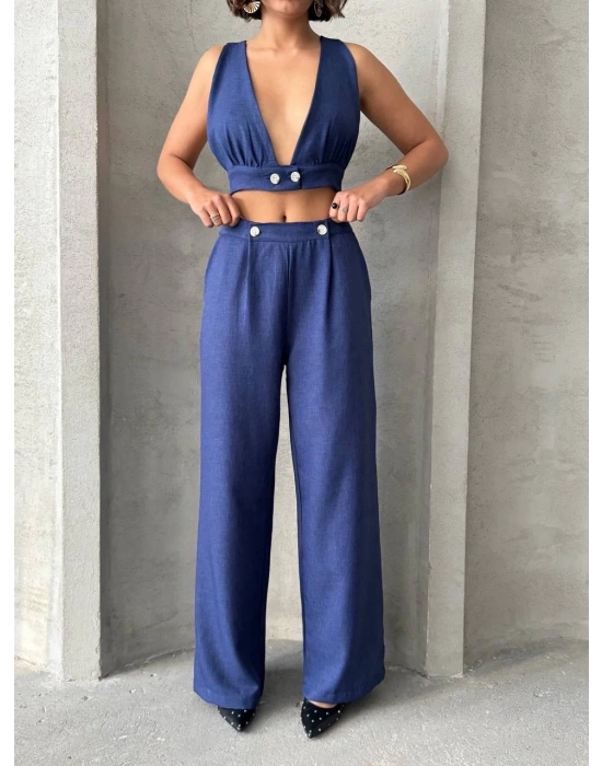 Crop pantolon keten takım s255012