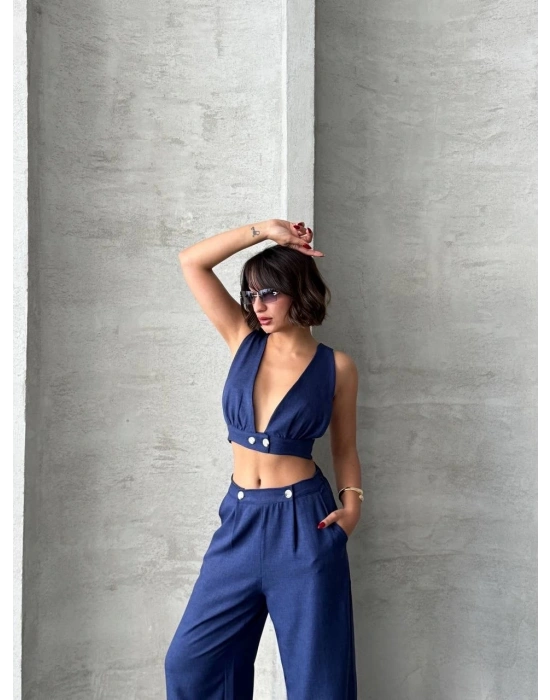 Crop pantolon keten takım s255012