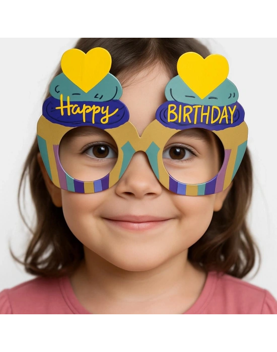 Cupcake Temalı Doğum Günü Renkli Karton Happy Birthday Gözlüğü 6 Adet