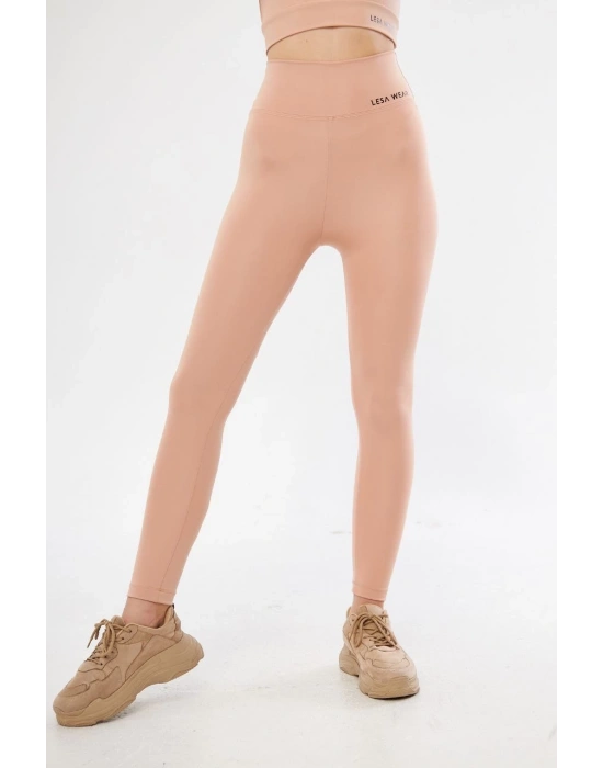 Kadın Yüksek Bel Toparlayıcı Likralı dalgıç Spor Tayt Esnek Rahat Kalıp - Bej