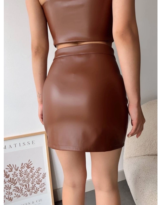 Dantelli fermuarlı deri etek kahve w24598