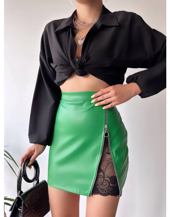 Dantelli fermuarlı deri etek yeşil w24598