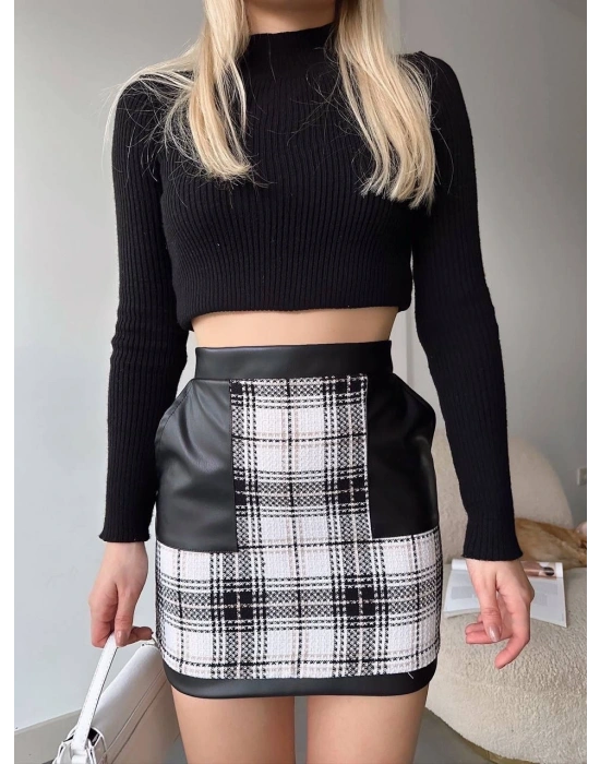 Deri cep garnili kaşe etek siyah h24604