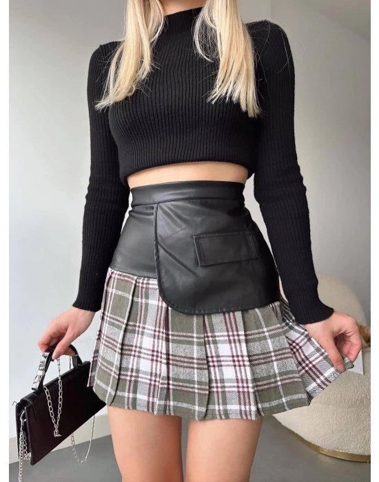 Deri garnili cepli ekose etek siyah s24604