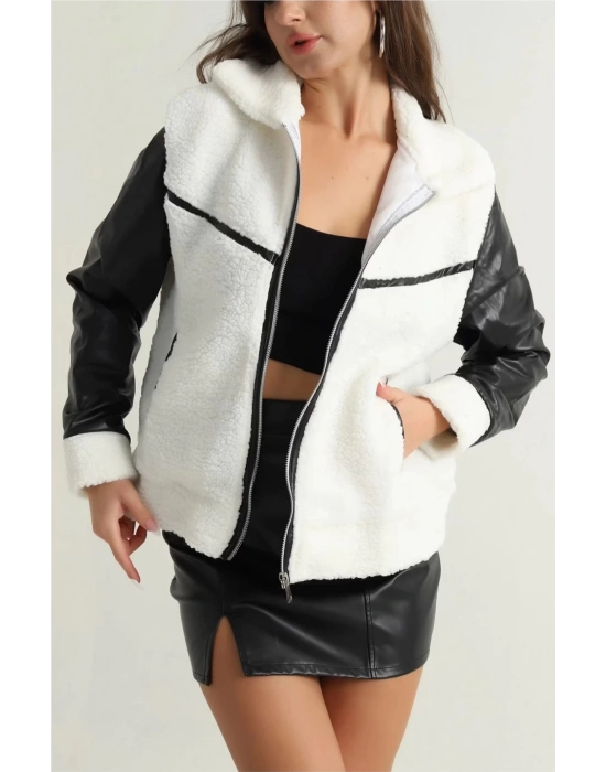 Deri garnili kuzu peluş mont beyaz t1220