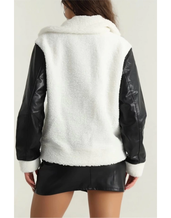 Deri garnili kuzu peluş mont beyaz t1220