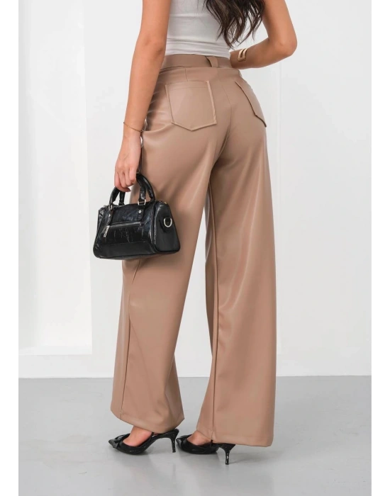 Deri geniş paça beli lastikli pantolon bej h263644