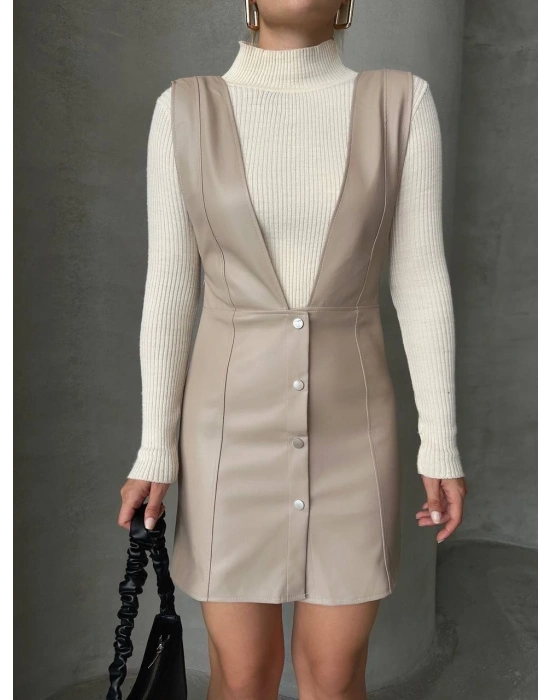 Deri jile elbise bej w24796