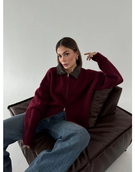 Deri Yakalı Pamuk dokulu Çift Taraflı Çalışan Fermuar Ceket - Bordo