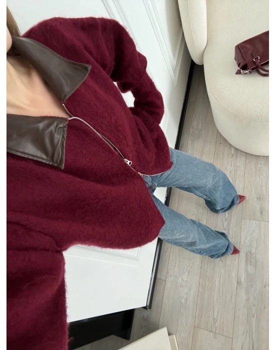 Deri Yakalı Pamuk dokulu Çift Taraflı Çalışan Fermuar Ceket - Bordo