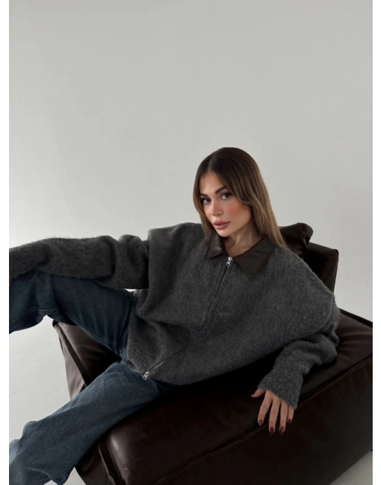 Deri Yakalı Pamuk dokulu Çift Taraflı Çalışan Fermuar Ceket - Füme