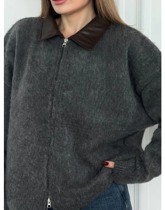 Deri Yakalı Pamuk dokulu Çift Taraflı Çalışan Fermuar Ceket - Füme