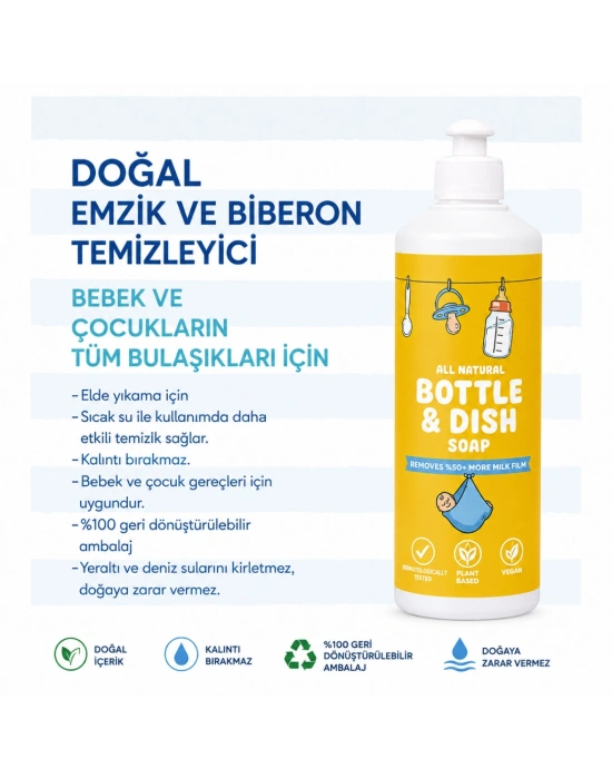 Doğal Emzik ve Biberon Temizleyicisi Bitkisel Elde Bulaşık Sabunu 500 ml