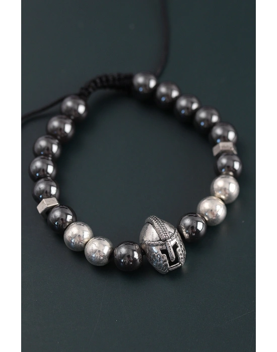 Doğal Taş Gladyatör Model Gümüş Ve Füme Renk Asansörlü Erkek Bileklik