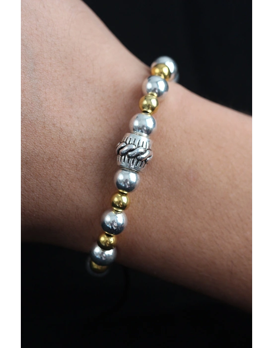 Doğal Taş Sarmal Model Gold Ve Gümüş Renk Asansörlü Erkek Bileklik