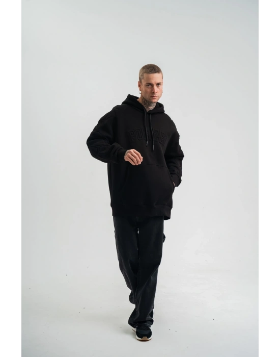 Double Oversize Kapşonlu Nakışlı SweatShirt - Siyah