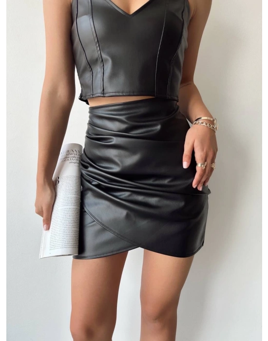 Drapeli deri etek siyah w26771