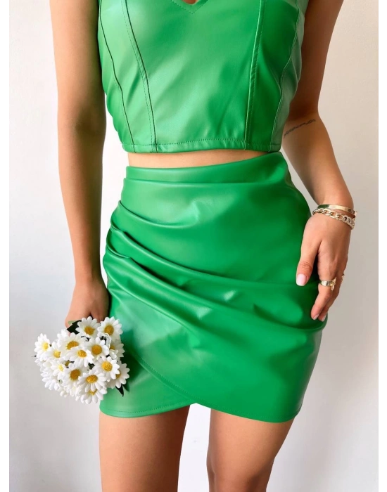 Drapeli deri etek yeşil s24771