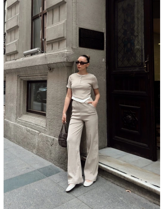 Düğme yakalı bej alt üst takım s3943