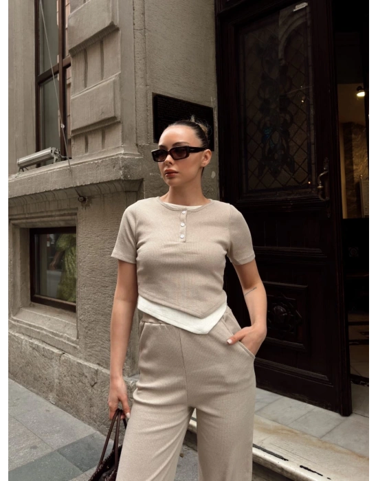 Düğme yakalı bej alt üst takım s3943