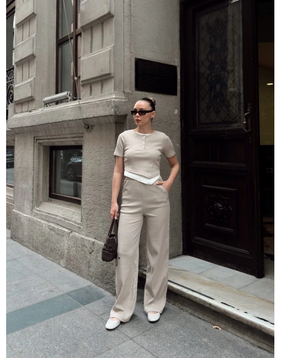 Düğme yakalı bej alt üst takım s3943