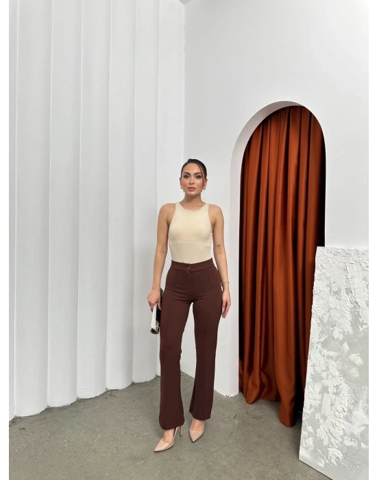 Düğmeli Palazzo pantolon kahve p170091