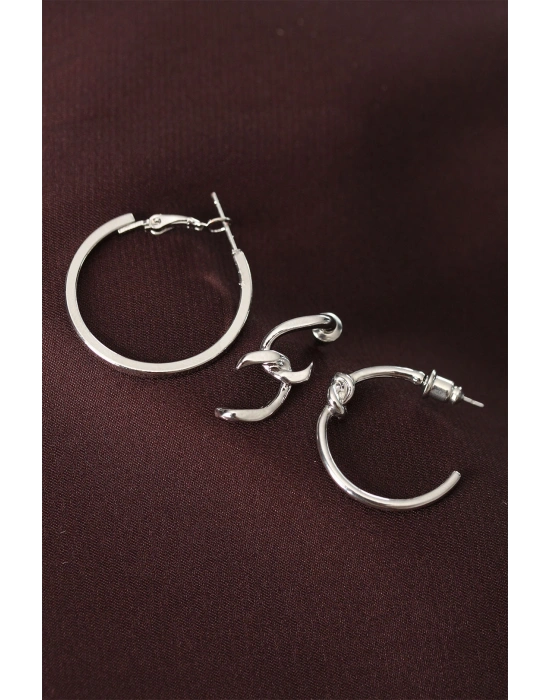 Düğüm Model Gümüş Renk Metal Çoklu Halka Küpe