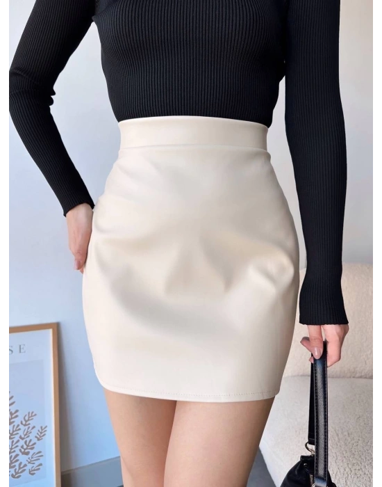 Düz deri etek bej h24468