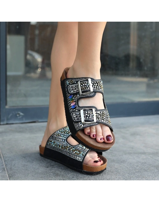 Edaj Siyah Nubuk Boncuk İşlemeli Terlik