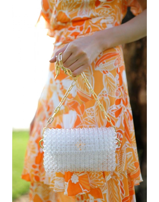 El yapımı zincirli incili çanta beyaz