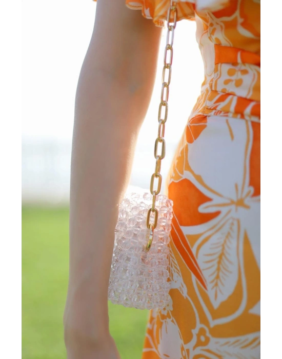 El yapımı zincirli incili çanta beyaz