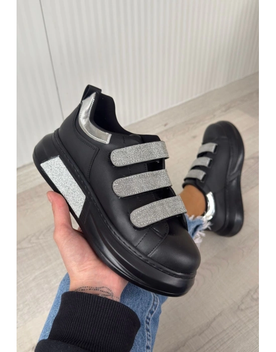 Elika Siyah Cilt Simli Cırt Cırtlı Spor Ayakkabı