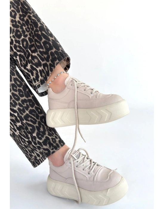 Emwa Bej Cilt Bağcıklı Spor Ayakkabı