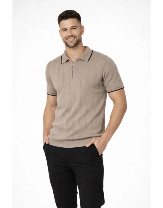 Erkek 2’li Paket Dokuma Triko  Fermuarlı Yakalı Fitilli Kısa Kollu Regular Fit Tişört - Bej & Kahverengi