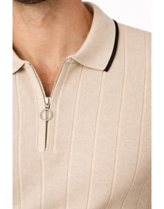 Erkek 2’li Paket Dokuma Triko  Fermuarlı Yakalı Fitilli Kısa Kollu Regular Fit Tişört - Bej & Kahverengi