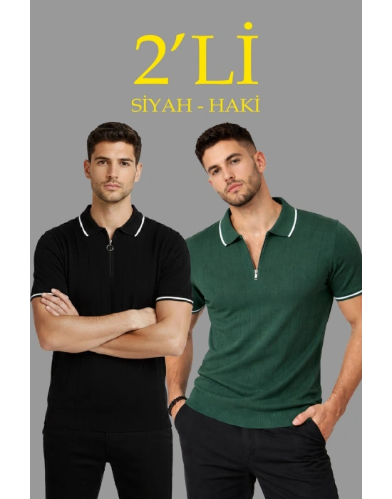 Erkek 2’li Paket Dokuma Triko  Fermuarlı Yakalı Fitilli Kısa Kollu Regular Fit Tişört - Haki & Siyah