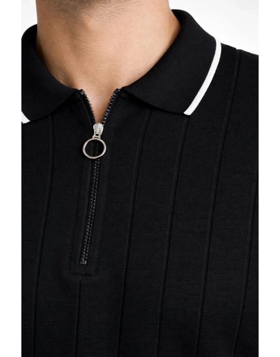 Erkek 2’li Paket Dokuma Triko  Fermuarlı Yakalı Fitilli Kısa Kollu Regular Fit Tişört - Haki & Siyah