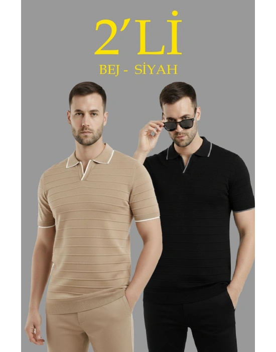 Erkek 2’li Paket Triko Yakalı Düğmesiz Açık Yaka Fitilli Kısa Kollu Regular Fit Tişört - Bej & Siyah