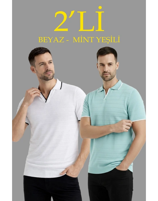 Erkek 2’li Paket Triko Yakalı Düğmesiz Açık Yaka Fitilli Kısa Kollu Regular Fit Tişört - Beyaz & Mint Yeşili