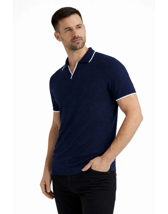 Erkek 2’li Paket Triko Yakalı Düğmesiz Açık Yaka Fitilli Kısa Kollu Regular Fit Tişört - Lacivert & Bej