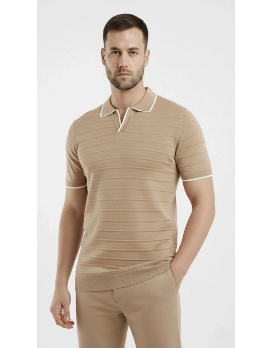 Erkek 2’li Paket Triko Yakalı Düğmesiz Açık Yaka Fitilli Kısa Kollu Regular Fit Tişört - Lacivert & Bej