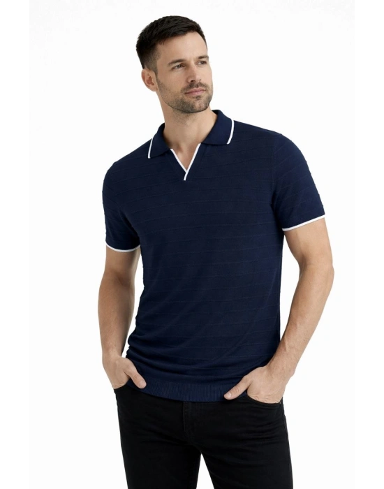 Erkek 2’li Paket Triko Yakalı Düğmesiz Açık Yaka Fitilli Kısa Kollu Regular Fit Tişört - Lacivert & Bej