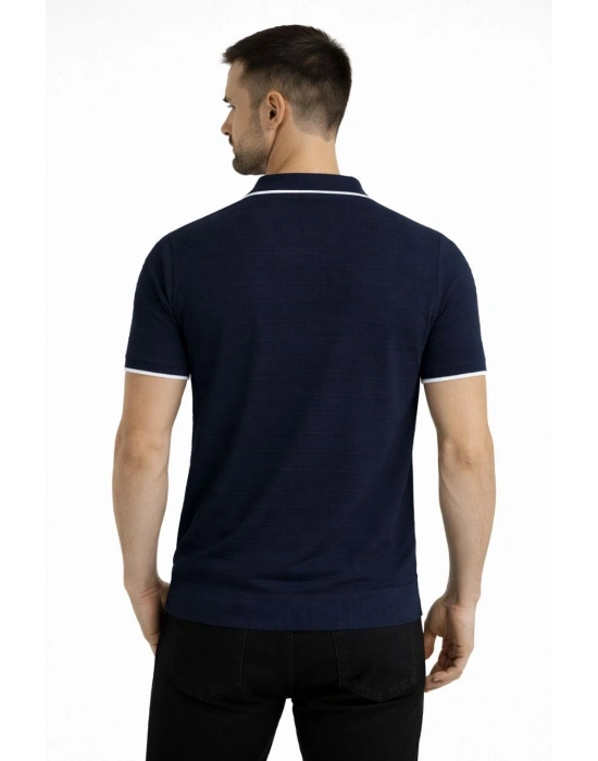 Erkek 2’li Paket Triko Yakalı Düğmesiz Açık Yaka Fitilli Kısa Kollu Regular Fit Tişört - Lacivert & Bej