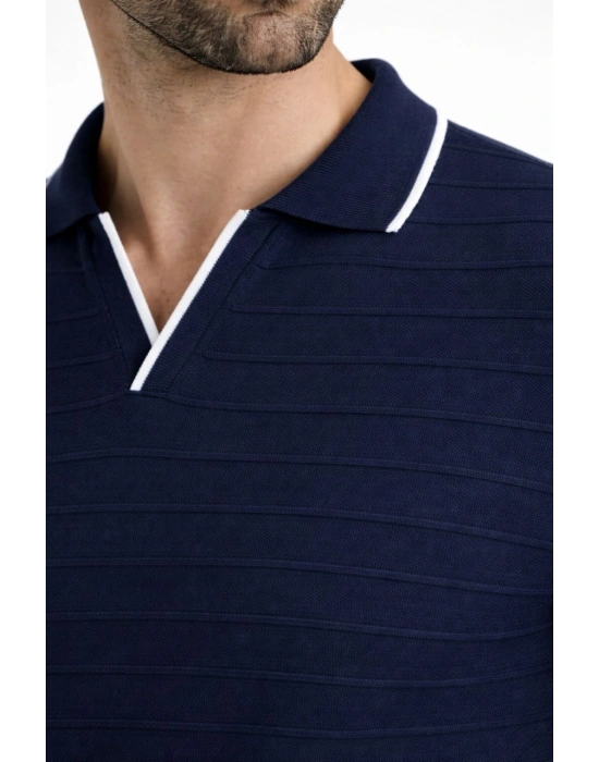 Erkek 2’li Paket Triko Yakalı Düğmesiz Açık Yaka Fitilli Kısa Kollu Regular Fit Tişört - Lacivert & Bej