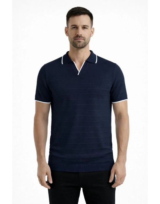 Erkek 2’li Paket Triko Yakalı Düğmesiz Açık Yaka Fitilli Kısa Kollu Regular Fit Tişört - Lacivert & Bej