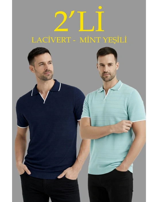 Erkek 2’li Paket Triko Yakalı Düğmesiz Açık Yaka Fitilli Kısa Kollu Regular Fit Tişört - Lacivert & Mint Yeşili