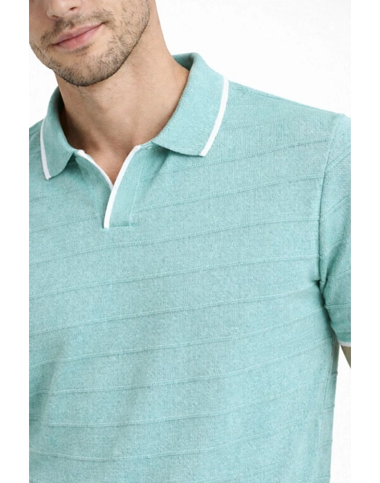 Erkek 2’li Paket Triko Yakalı Düğmesiz Açık Yaka Fitilli Kısa Kollu Regular Fit Tişört - Lacivert & Mint Yeşili