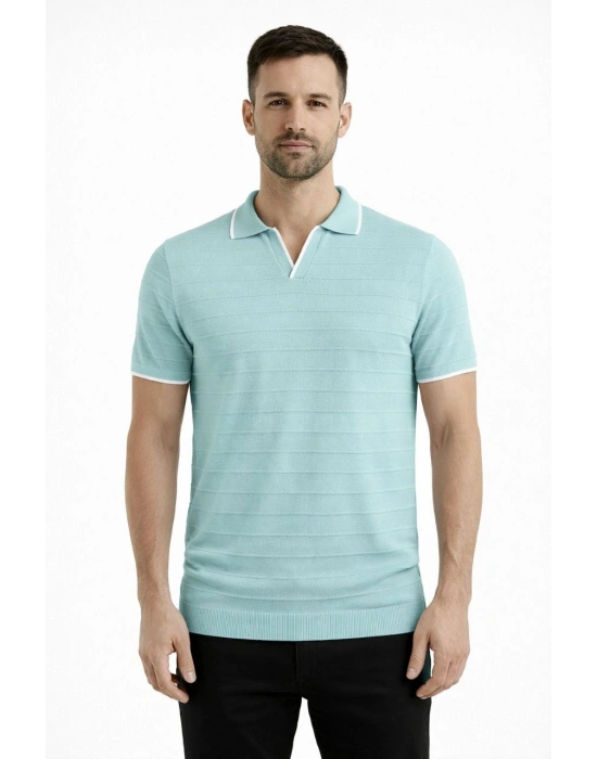 Erkek 2’li Paket Triko Yakalı Düğmesiz Açık Yaka Fitilli Kısa Kollu Regular Fit Tişört - Lacivert & Mint Yeşili