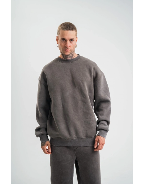 Erkek 3 İplik Pamuklu Yağ Yıkamalı Sweatshirt Double Oversize Bisiklet Yaka Uzun Kol - Füme