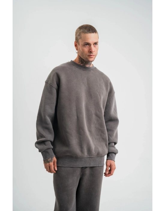 Erkek 3 İplik Pamuklu Yağ Yıkamalı Sweatshirt Double Oversize Bisiklet Yaka Uzun Kol - Füme